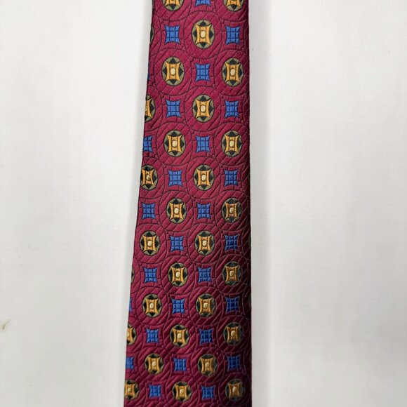 Vtg Beau Brummel SOHO Men’s Neck Tie 3 ½” Maroon Blue Gold Geometric 100% Silk - Picture 3 of 11